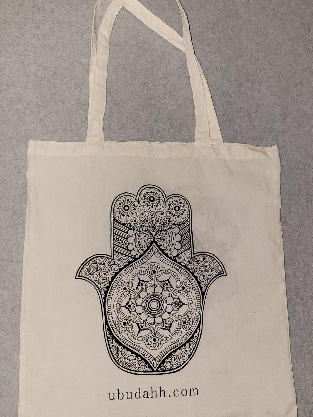 White Canvas Tote Bag with Black Hamsa Design